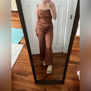Bronze satin jumpsuit.